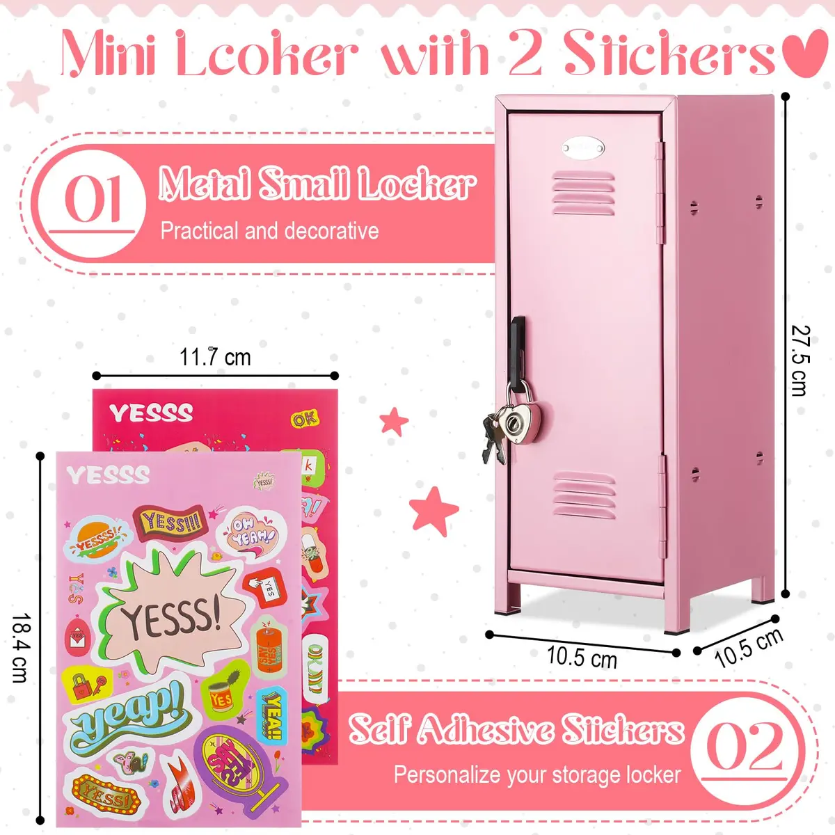 Vercraft Pink Mini Locker with Lock & Keys | 27.5cm (10.8 inch) Metal Desktop Storage Cabinet | DIY Stickers Included - view 2