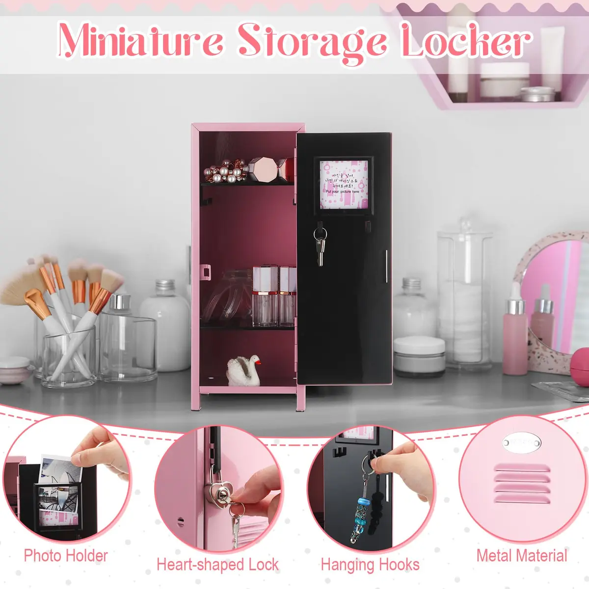 Vercraft Pink Mini Locker with Lock & Keys | 27.5cm (10.8 inch) Metal Desktop Storage Cabinet | DIY Stickers Included - view 3