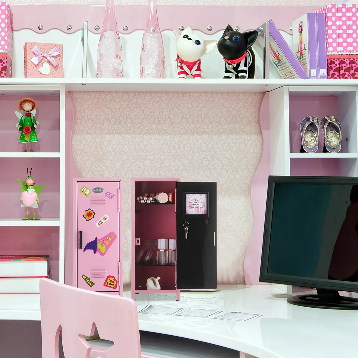 Vercraft Pink Mini Locker with Lock & Keys | 27.5cm (10.8 inch) Metal Desktop Storage Cabinet | DIY Stickers Included - view 4
