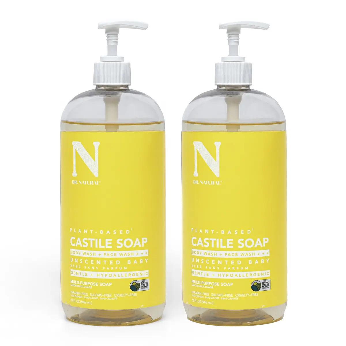 Dr. Natural Castile Liquid Unscented Baby Soap 2 pc | Sulfate-Free, Paraben-Free, Moisturizing - main product image