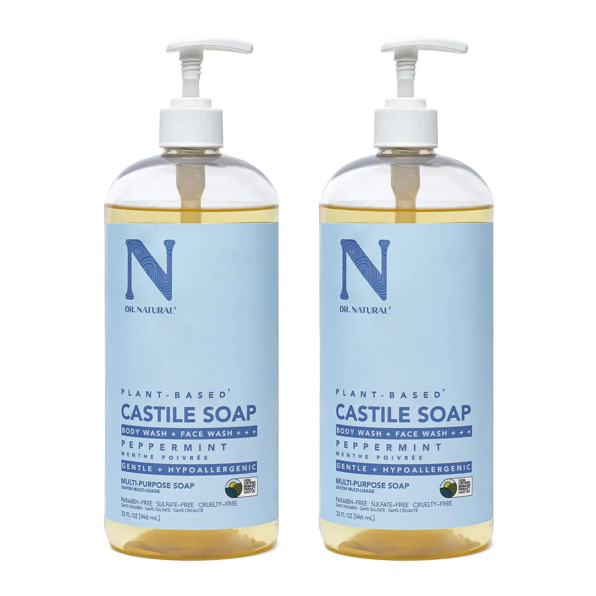 Dr. Natural Castile Liquid Soap - Peppermint 32 oz | Multi-Purpose Skin & Hair Cleanser - main product image