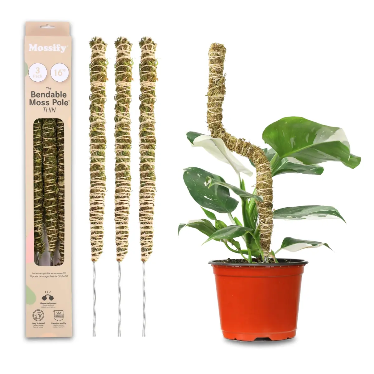 Mossify Bendable Moss Pole 3 Pack Assorted 16/30/42'' | Original Patented Design for Climbing Plants - main product image