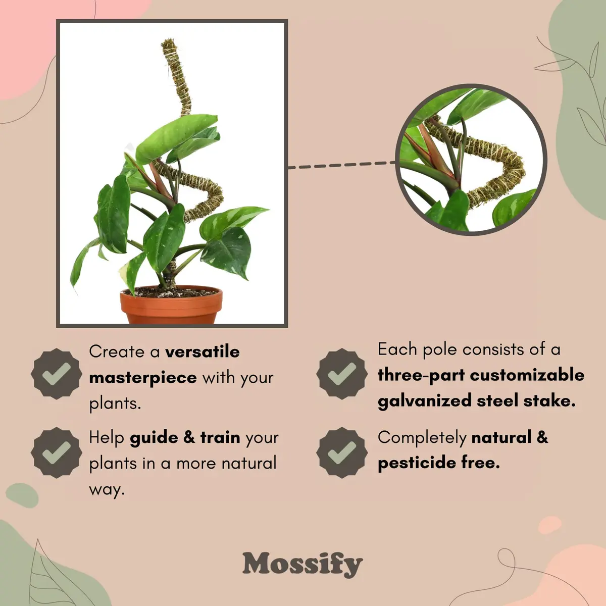Mossify Bendable Moss Pole 3 Pack Assorted 16/30/42'' | Original Patented Design for Climbing Plants - view 5