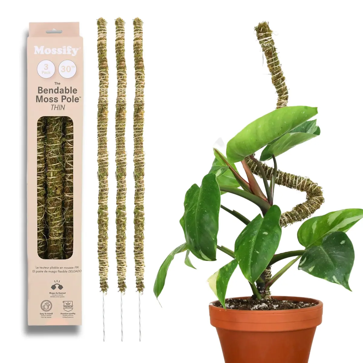 Mossify Bendable Moss Pole 30'' (76.2 cm) - 3 Pack, Natural Forest Moss | Flexible Climbing Plant Support for Monstera, Pothos, Philodendron - main product image