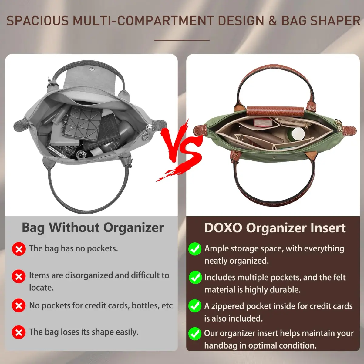 Doxo Felt Purse Organizer Insert for Longchamp Le Pliage Large, Black, Large | Keeps Tote Handbags Shaped & Neat - view 5