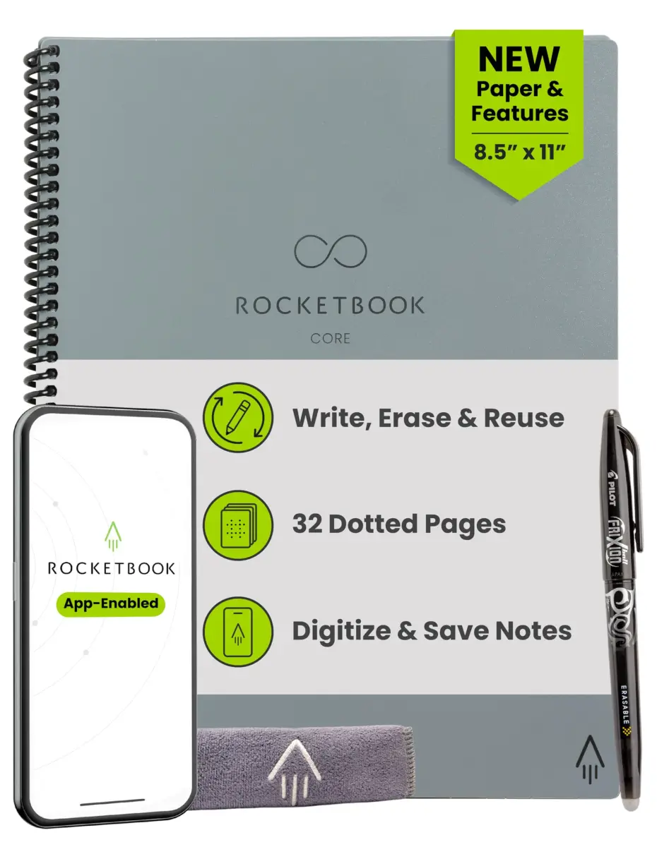 Rocketbook Core Reusable Smart Notebook, Letter Size 8.5x11 inches (21.6x27.9 cm), Grey | Dotted Pages for Creative Projects - main product image