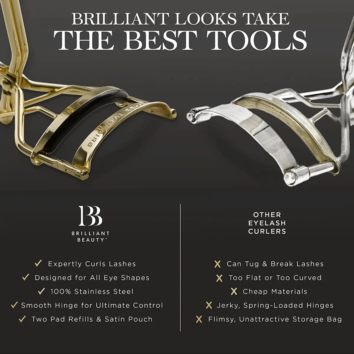 Brilliant Beauty Eyelash Curler - Stainless Steel, Satin Bag, 2 Refill Pads | Gentle, Durable & Travel-Friendly - view 5