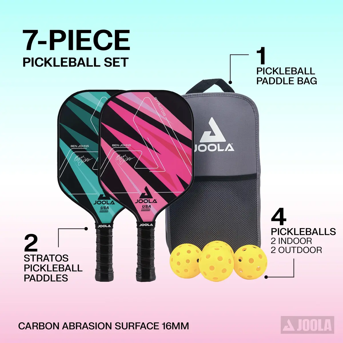 JOOLA Ben Johns 7 Piece Pickleball Set | 2 Paddles, 4 Balls, Bag | Fiberglass & Honeycomb Polypropylene - view 2