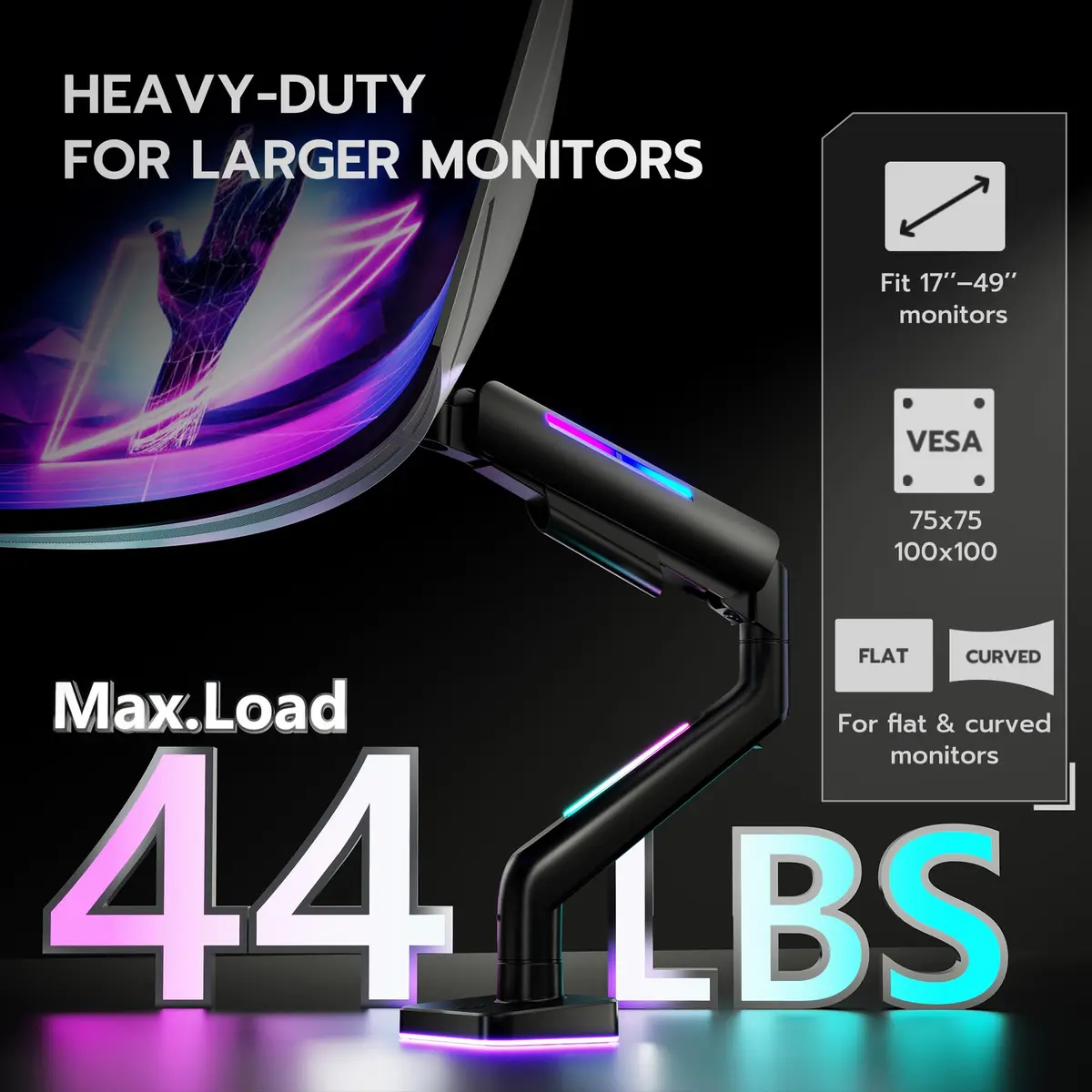 ARES WING Ultrawide Monitor arm with RGB for 17-49 Inch Screen | Full Motion, VESA Compatible, Black - view 5