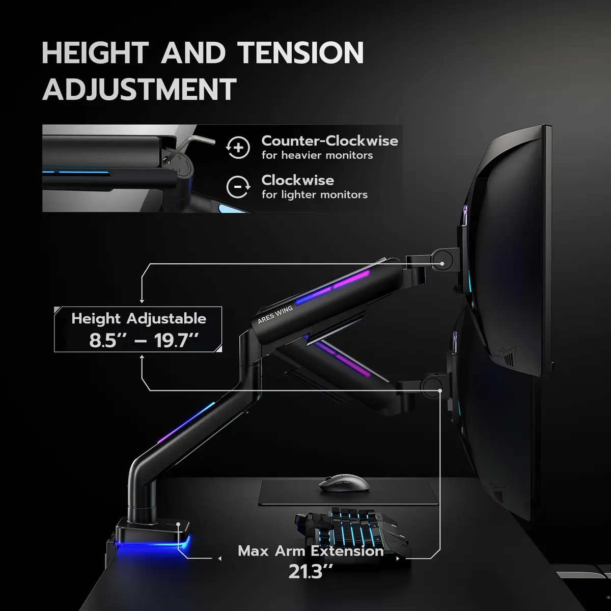 ARES WING Ultrawide Monitor arm with RGB for 17-49 Inch Screen | Full Motion, VESA Compatible, Black - view 6