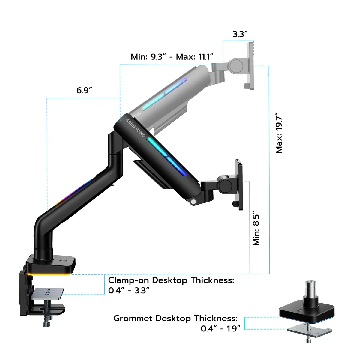 ARES WING Ultrawide Monitor arm with RGB for 17-49 Inch Screen | Full Motion, VESA Compatible, Black - view 8