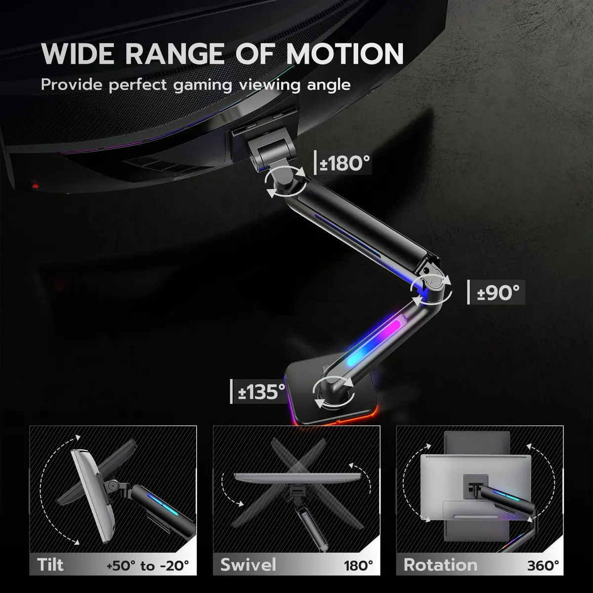 ARES WING Ultrawide Monitor arm with RGB for 17-49 Inch Screen | Full Motion, VESA Compatible, Black - view 2