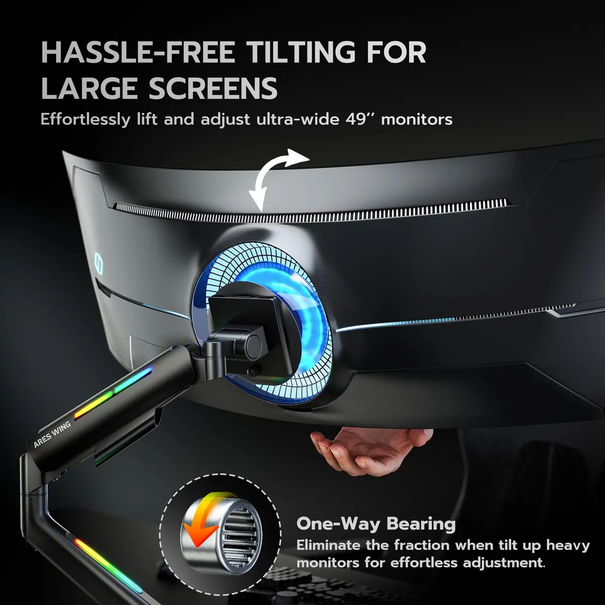 ARES WING Ultrawide Monitor arm with RGB for 17-49 Inch Screen | Full Motion, VESA Compatible, Black - view 3