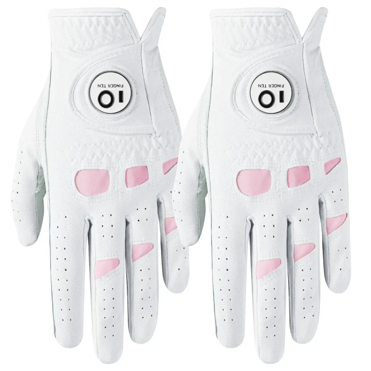 FINGER TEN Women's Leather Golf Gloves with Ball Marker - Enhanced Grip & Comfort for Ladies (White-2 Pack, Left Hand, Medium) - main product image