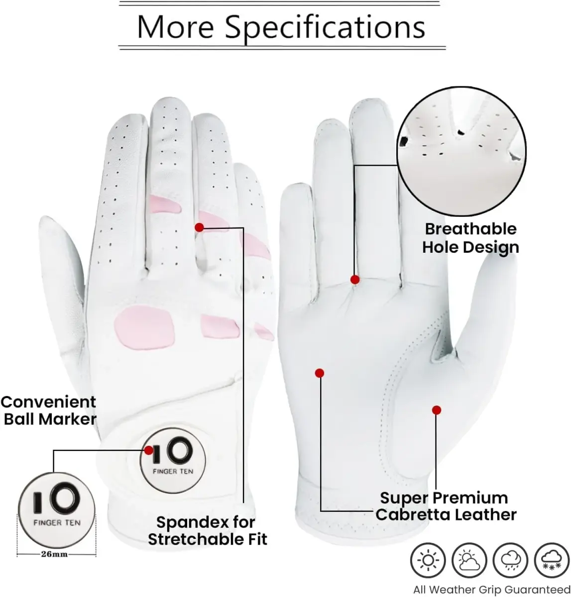 FINGER TEN Women's Leather Golf Gloves with Ball Marker - Enhanced Grip & Comfort for Ladies (White-2 Pack, Left Hand, Medium) - view 2