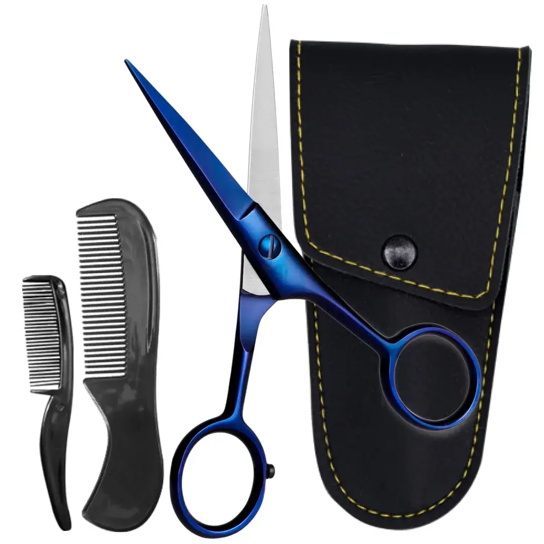 Ontaki 5-inch Beard & Mustache Scissors with Combs & Pouch | German Steel, Ambidextrous, Midnight Blue - main product image