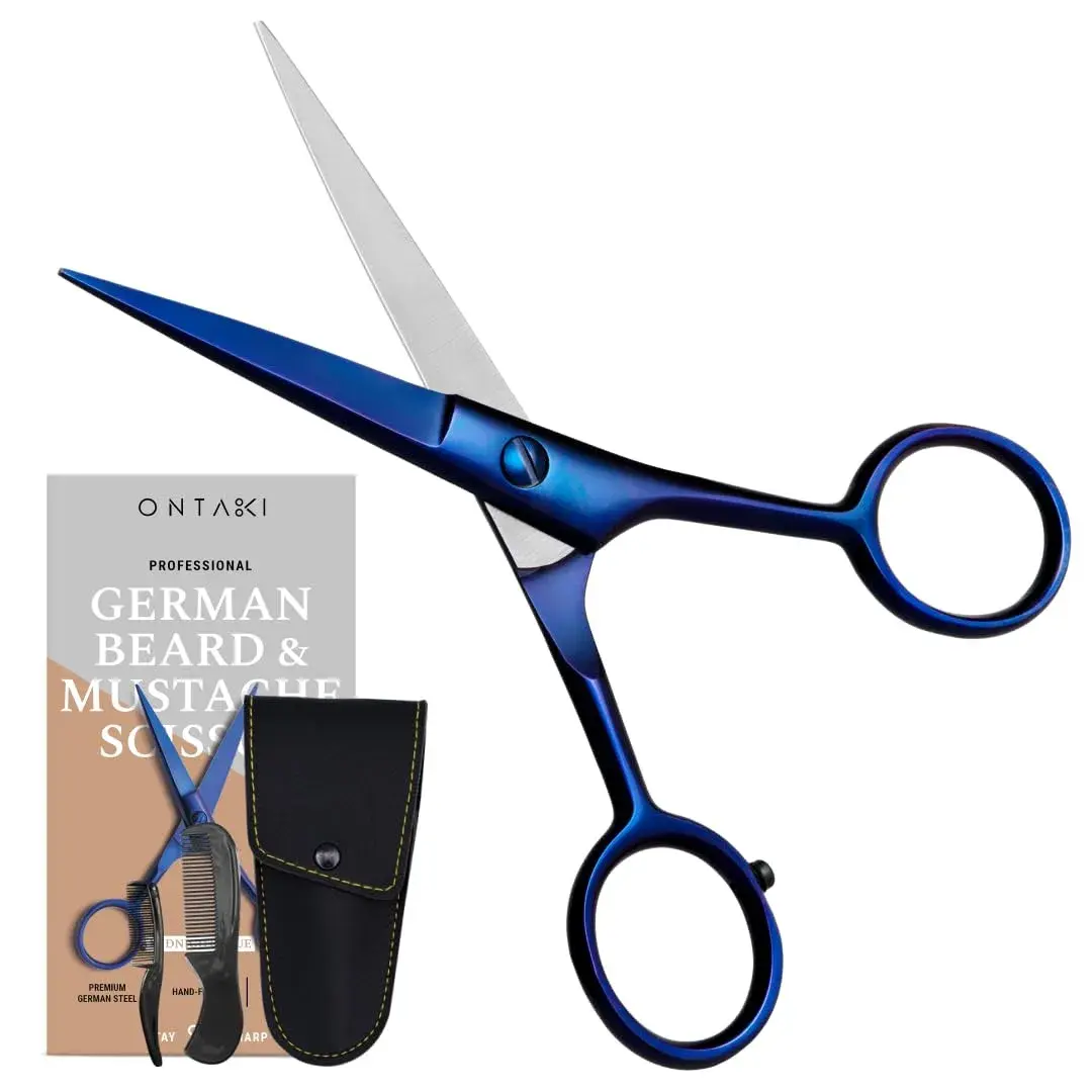 Ontaki 5-inch Beard & Mustache Scissors with Combs & Pouch | German Steel, Ambidextrous, Midnight Blue - view 6