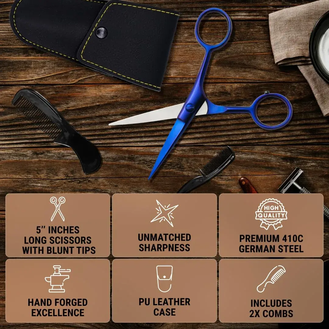 Ontaki 5-inch Beard & Mustache Scissors with Combs & Pouch | German Steel, Ambidextrous, Midnight Blue - view 4