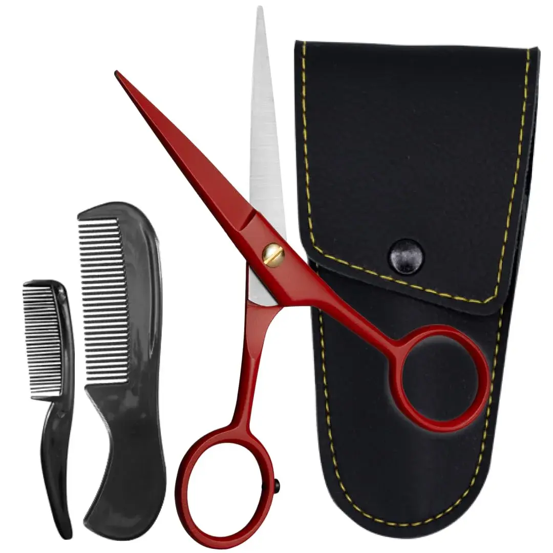 Ontaki Professional Beard & Mustache Scissors 5" (12.7 cm) | German Steel, True Red, with Combs & Pouch - main product image
