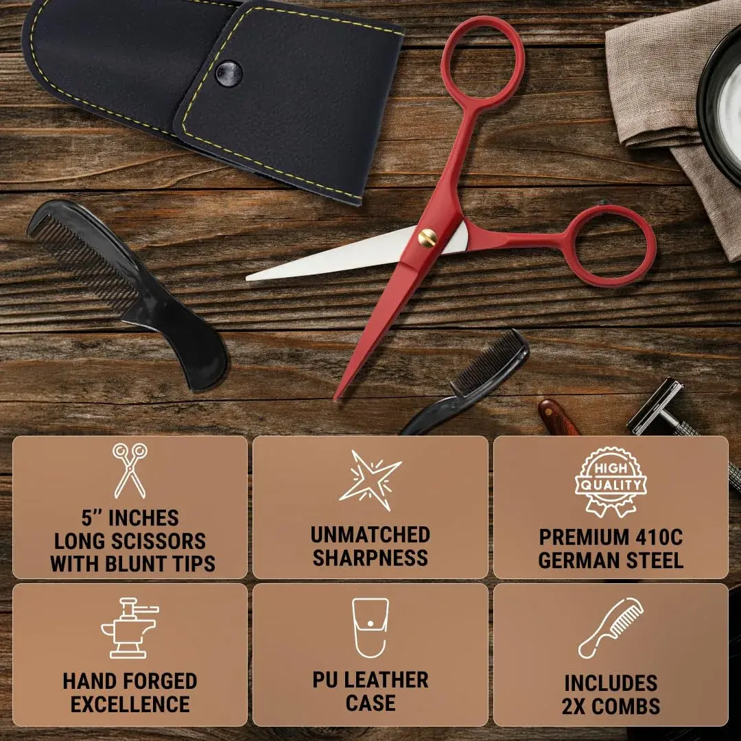 Ontaki Professional Beard & Mustache Scissors 5" (12.7 cm) | German Steel, True Red, with Combs & Pouch - view 5