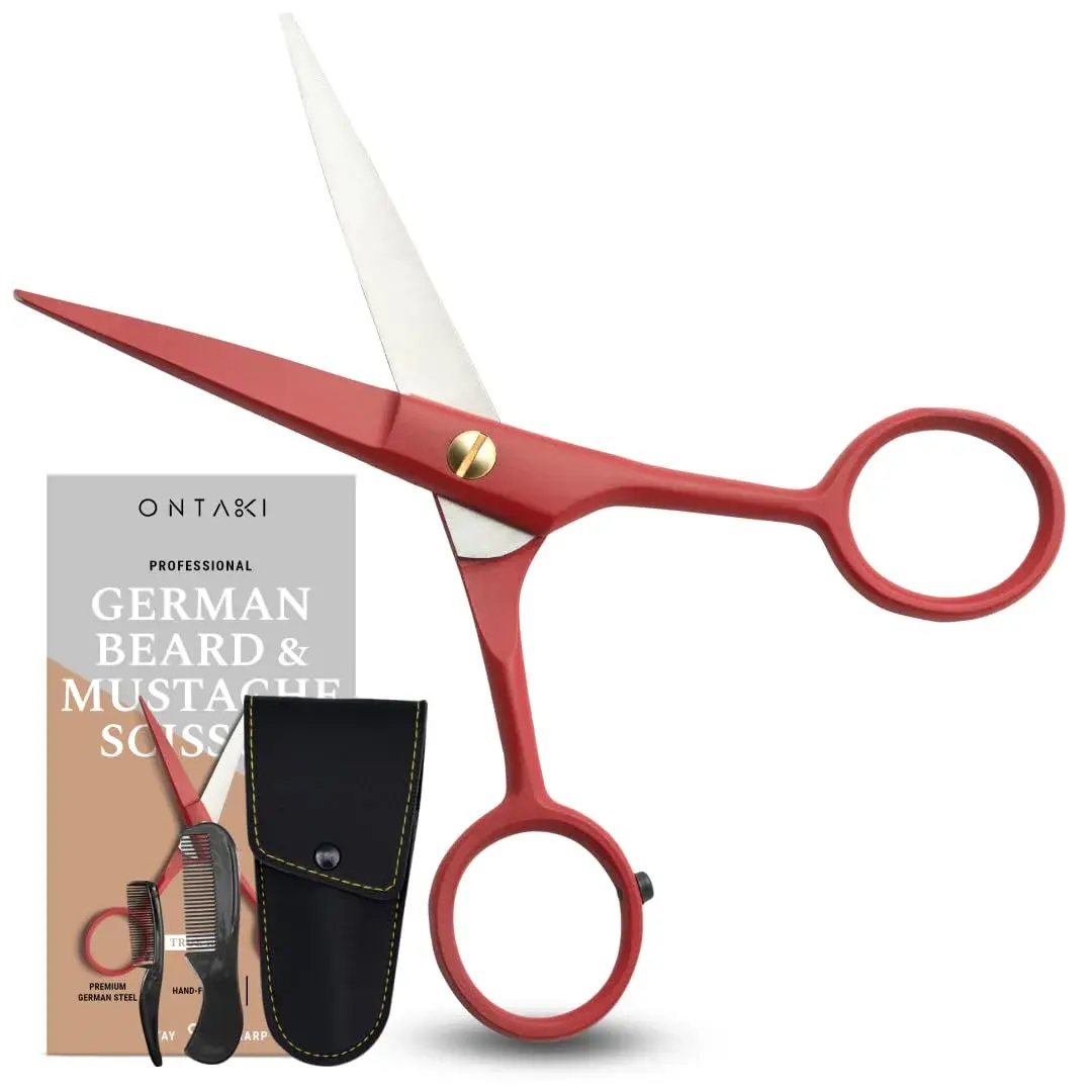 Ontaki Professional Beard & Mustache Scissors 5" (12.7 cm) | German Steel, True Red, with Combs & Pouch - view 7