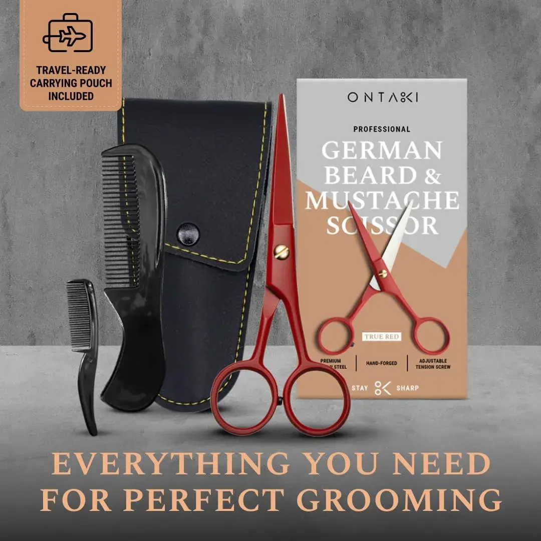 Ontaki Professional Beard & Mustache Scissors 5" (12.7 cm) | German Steel, True Red, with Combs & Pouch - view 3