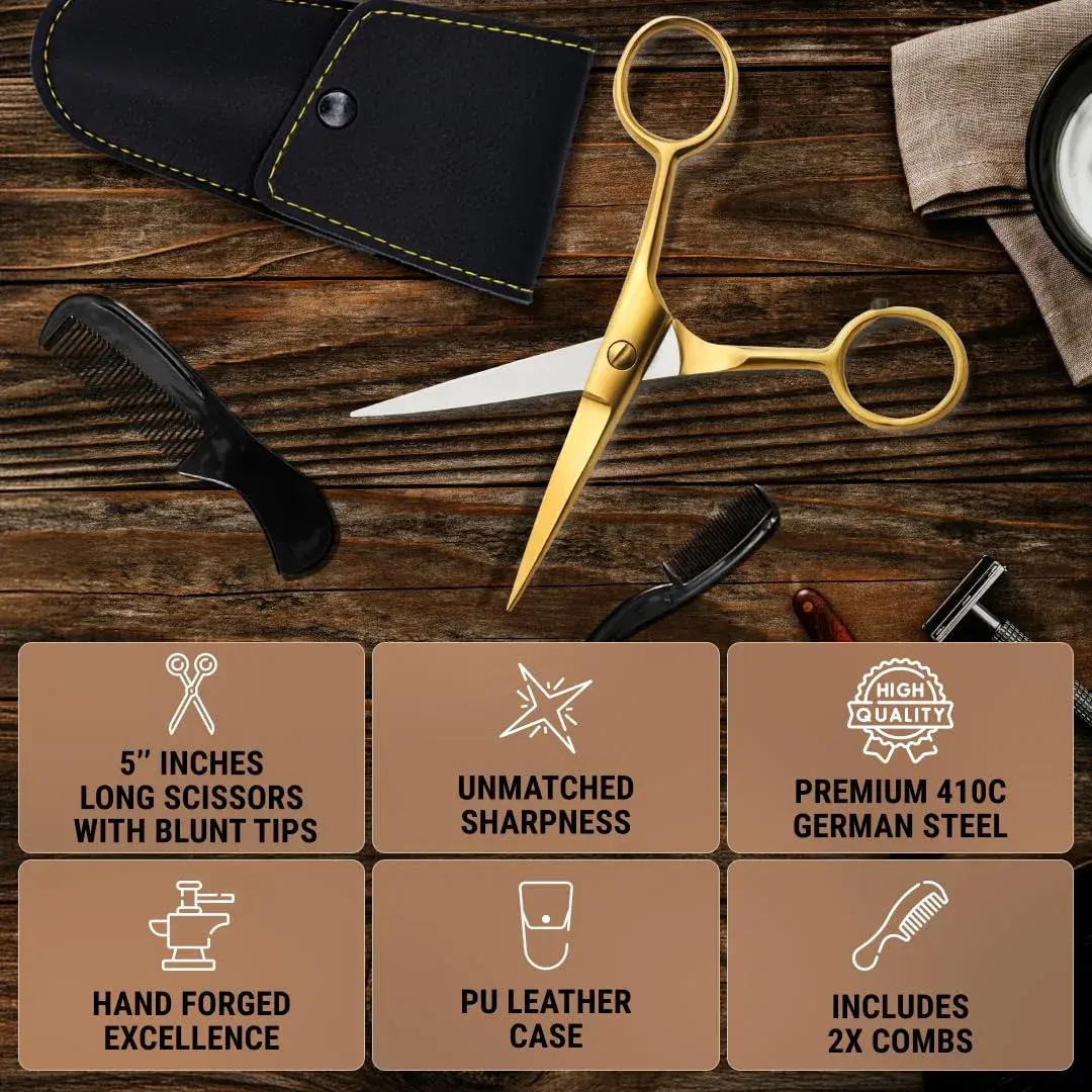 Ontaki 5" Gold Brass Beard & Mustache Scissor with Combs | Professional German Steel Grooming Kit - view 5