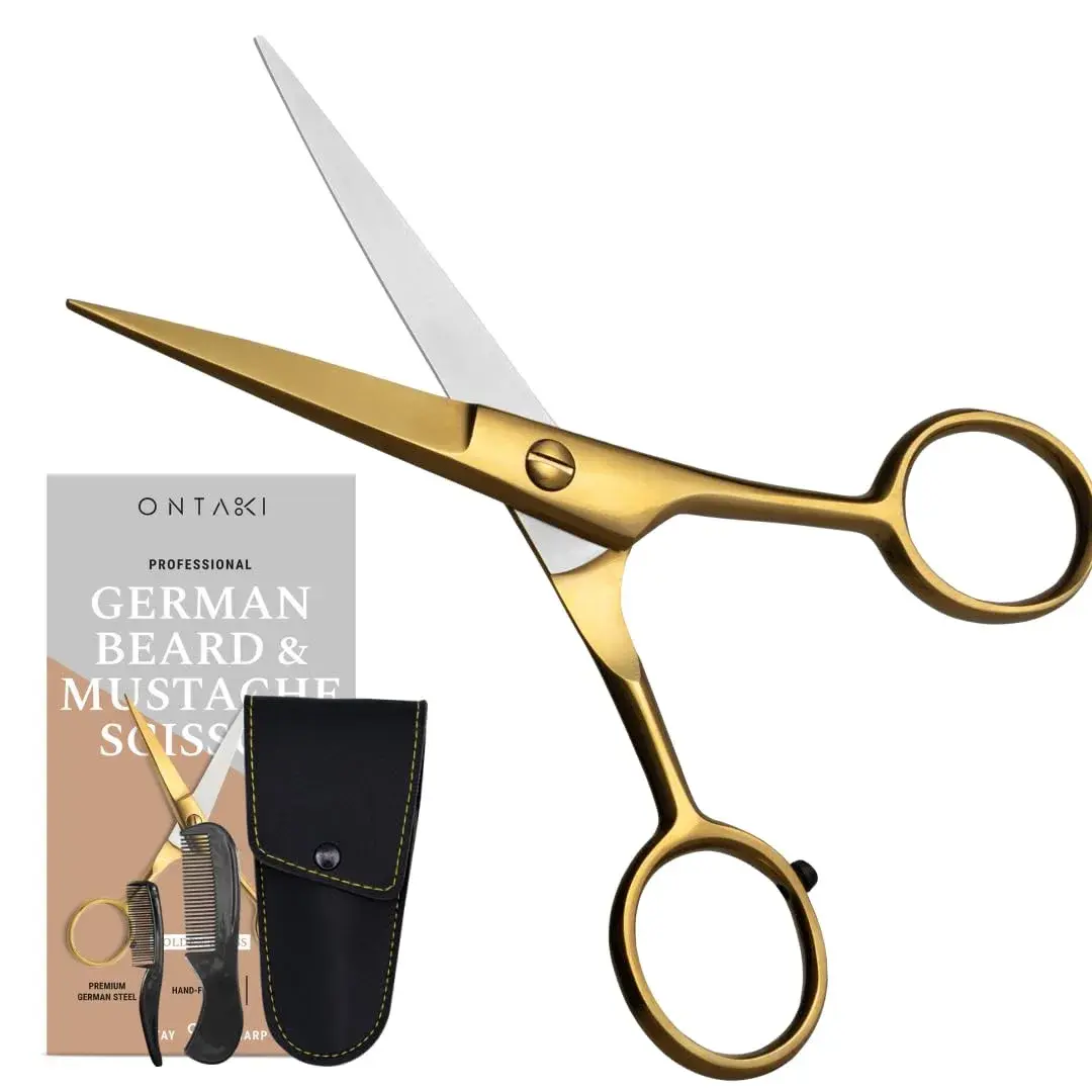 Ontaki 5" Gold Brass Beard & Mustache Scissor with Combs | Professional German Steel Grooming Kit - view 7
