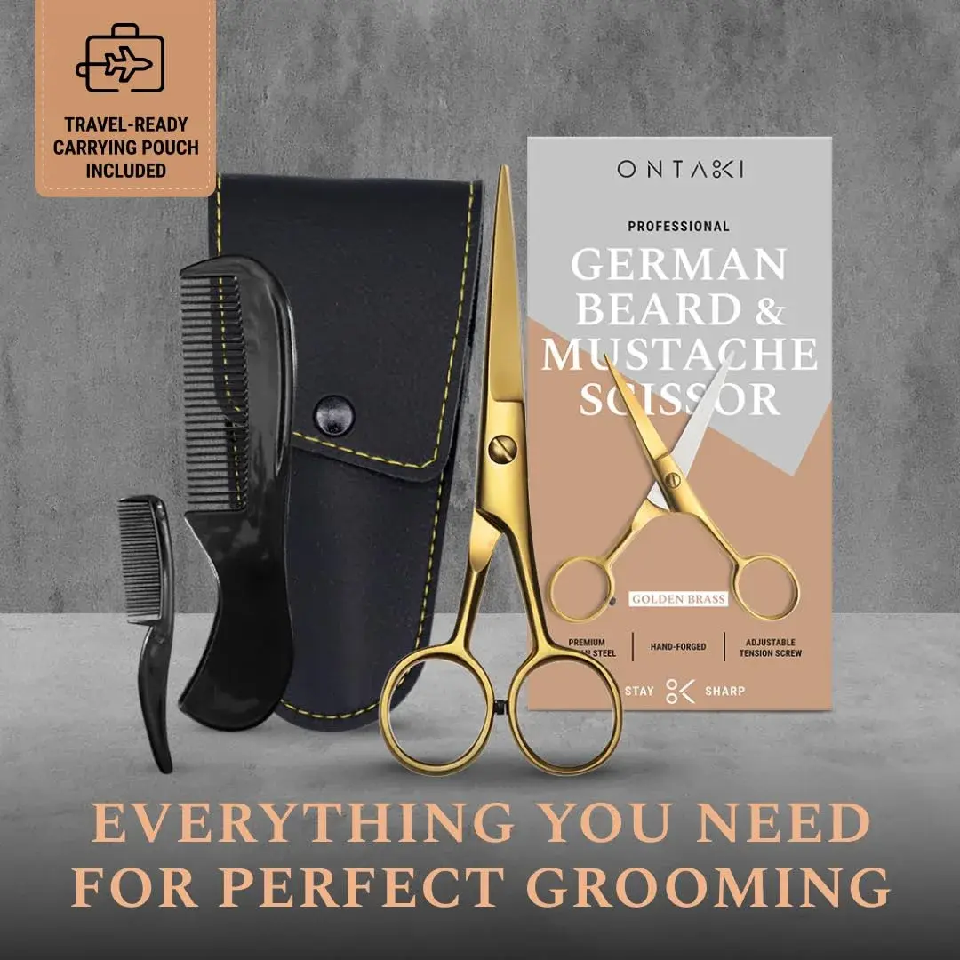 Ontaki 5" Gold Brass Beard & Mustache Scissor with Combs | Professional German Steel Grooming Kit - view 3