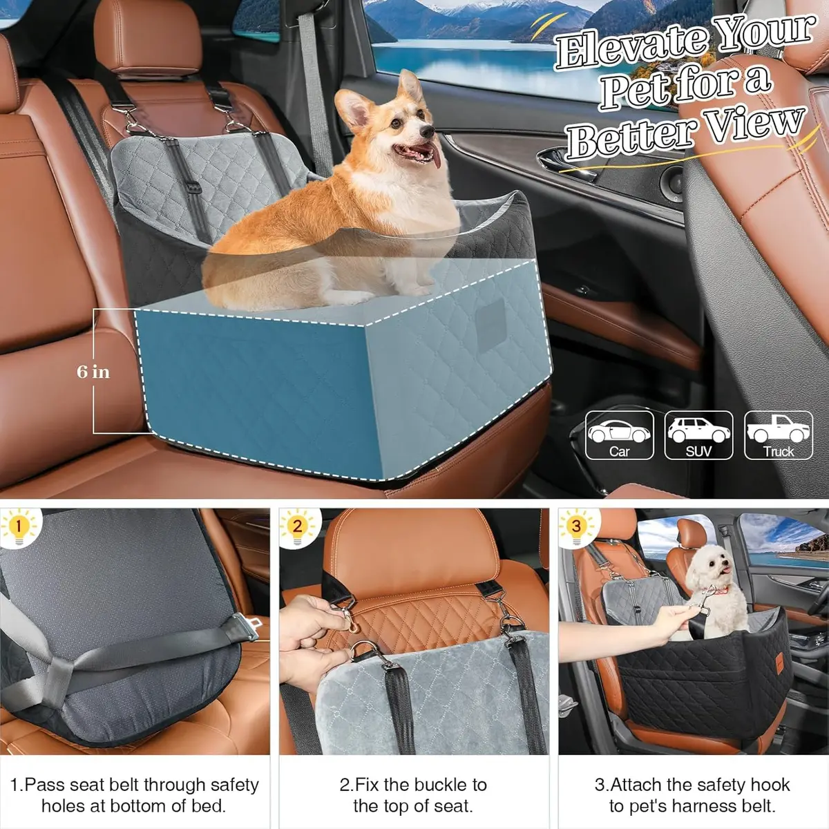 INDYBUD Dog Car Seat for Small Medium Dogs | Detachable Washable Travel Bed with Storage Pockets - view 6