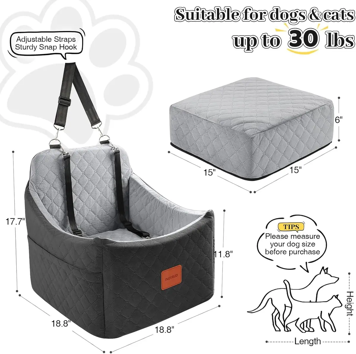 INDYBUD Dog Car Seat for Small Medium Dogs | Detachable Washable Travel Bed with Storage Pockets - view 3