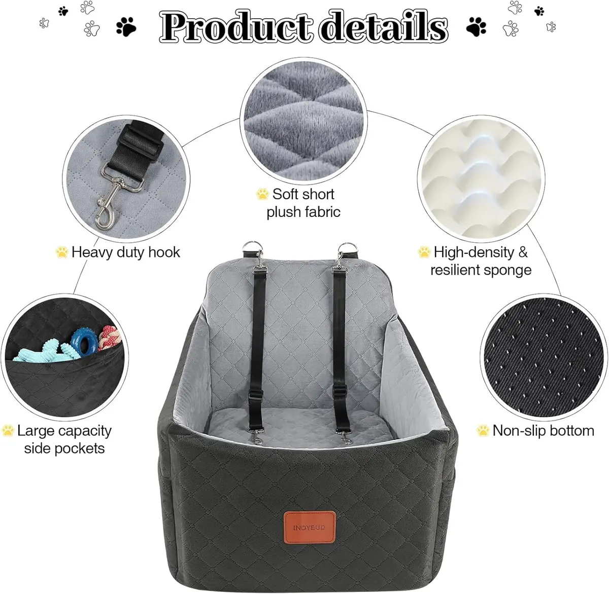 INDYBUD Dog Car Seat for Small Medium Dogs | Detachable Washable Travel Bed with Storage Pockets - view 4