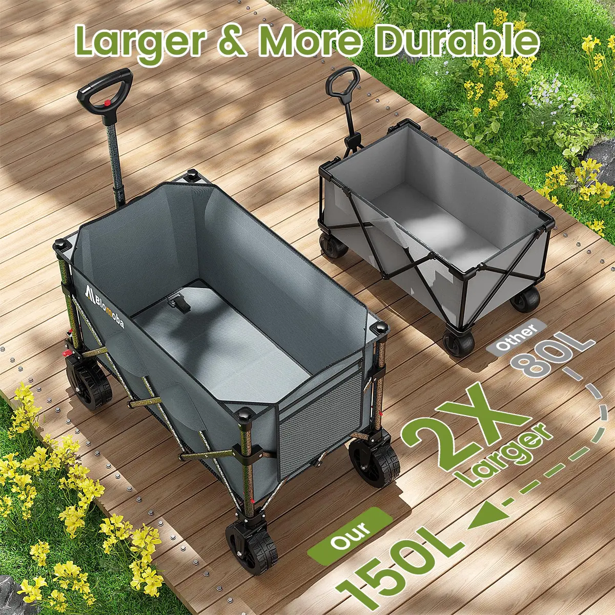 Blomoba Collapsible Wagon Cart, 150L Foldable Utility Cart with Wide Wheels, Grey - view 5