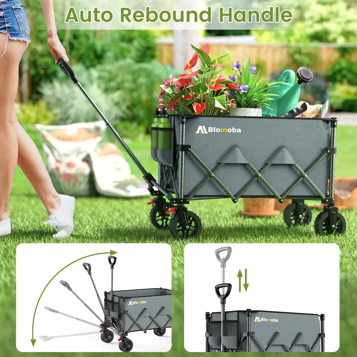 Blomoba Collapsible Wagon Cart, 150L Foldable Utility Cart with Wide Wheels, Grey - view 8