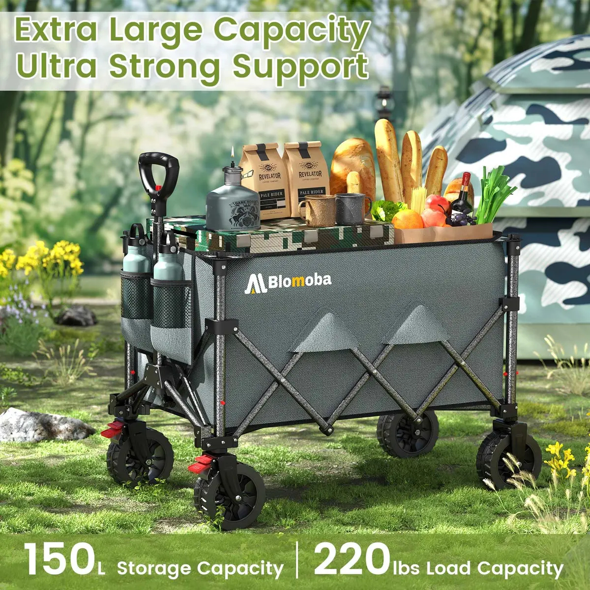 Blomoba Collapsible Wagon Cart, 150L Foldable Utility Cart with Wide Wheels, Grey - view 4
