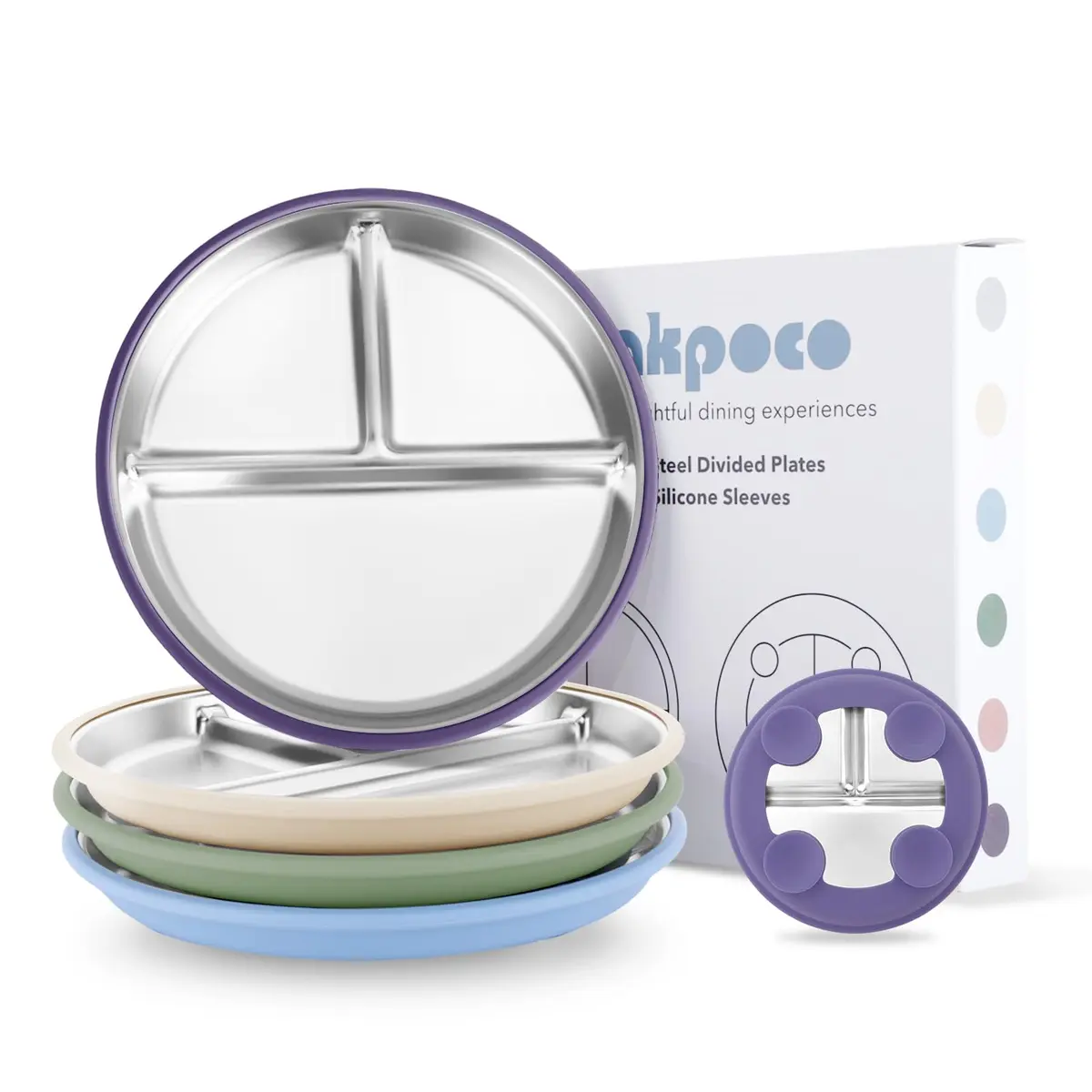 Bakpoco Stainless Steel Suction Plates for Toddlers 9" Divided Portion Control Snack Dishes with Silicone Suction Base, 4 Pack, Blue Green Purple Beige - main product image