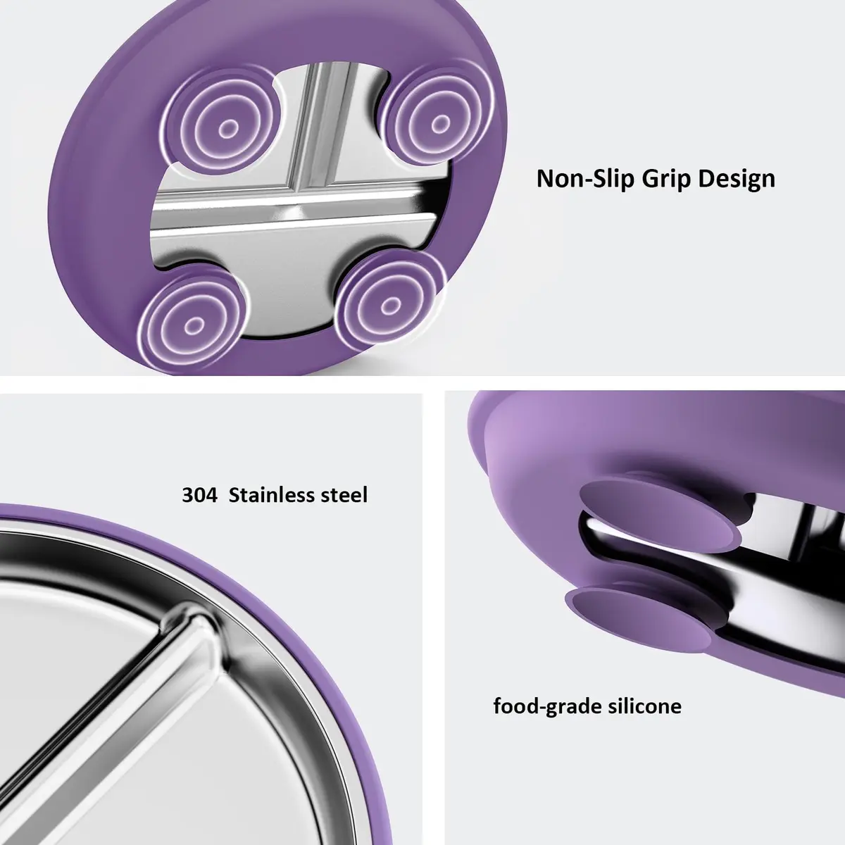 Bakpoco Stainless Steel Suction Plates for Toddlers 9" Divided Portion Control Snack Dishes with Silicone Suction Base, 4 Pack, Blue Green Purple Beige - view 5