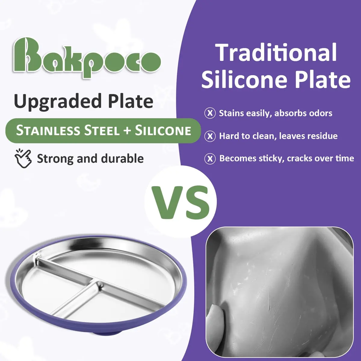Bakpoco Stainless Steel Suction Plates for Toddlers 9" Divided Portion Control Snack Dishes with Silicone Suction Base, 4 Pack, Blue Green Purple Beige - view 3