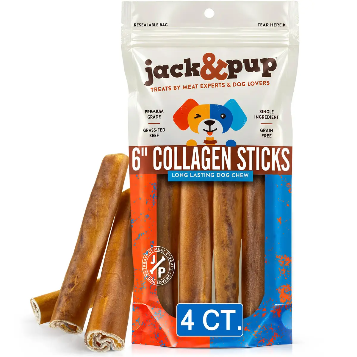 Jack&Pup Collagen Sticks for Dogs 4 Pack | Rawhide-Free, Long Lasting 6 inch Chews - main product image