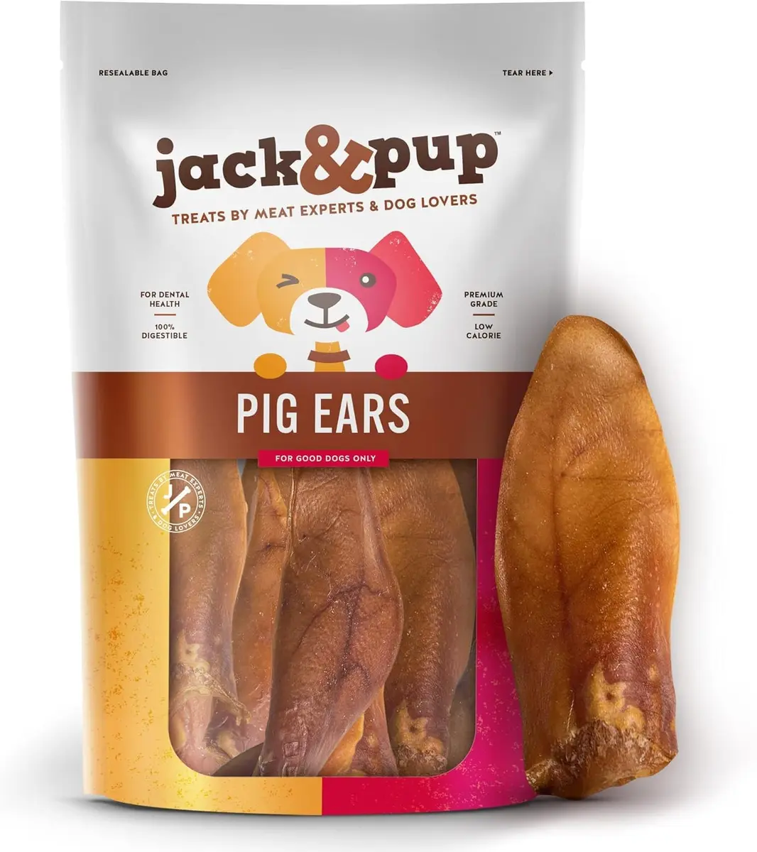 Jack&Pup Natural Half Pig Ears for Dogs 5 Pack | Premium, Fully Digestible, Odor-Free Dog Chew Treats (7 Inches) - main product image
