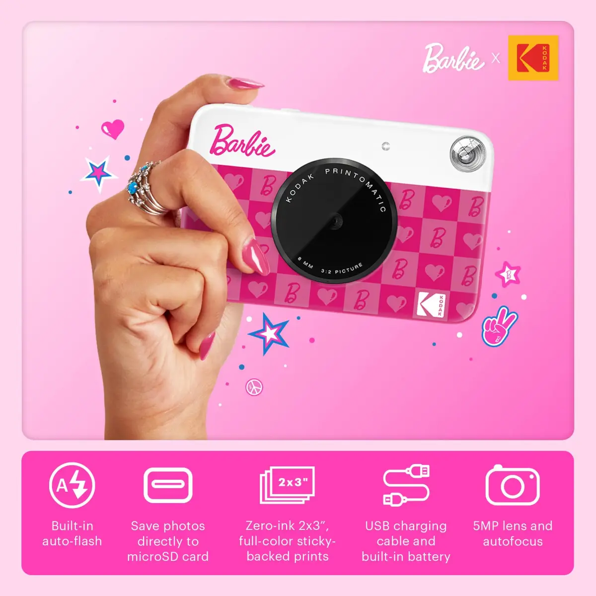 Kodak Barbie Printomatic Instant Camera Deluxe Bundle with Case, Album & Zink Paper | 5MP, Auto-Focus, Built-in Flash, 2x3" Sticky Prints - view 2