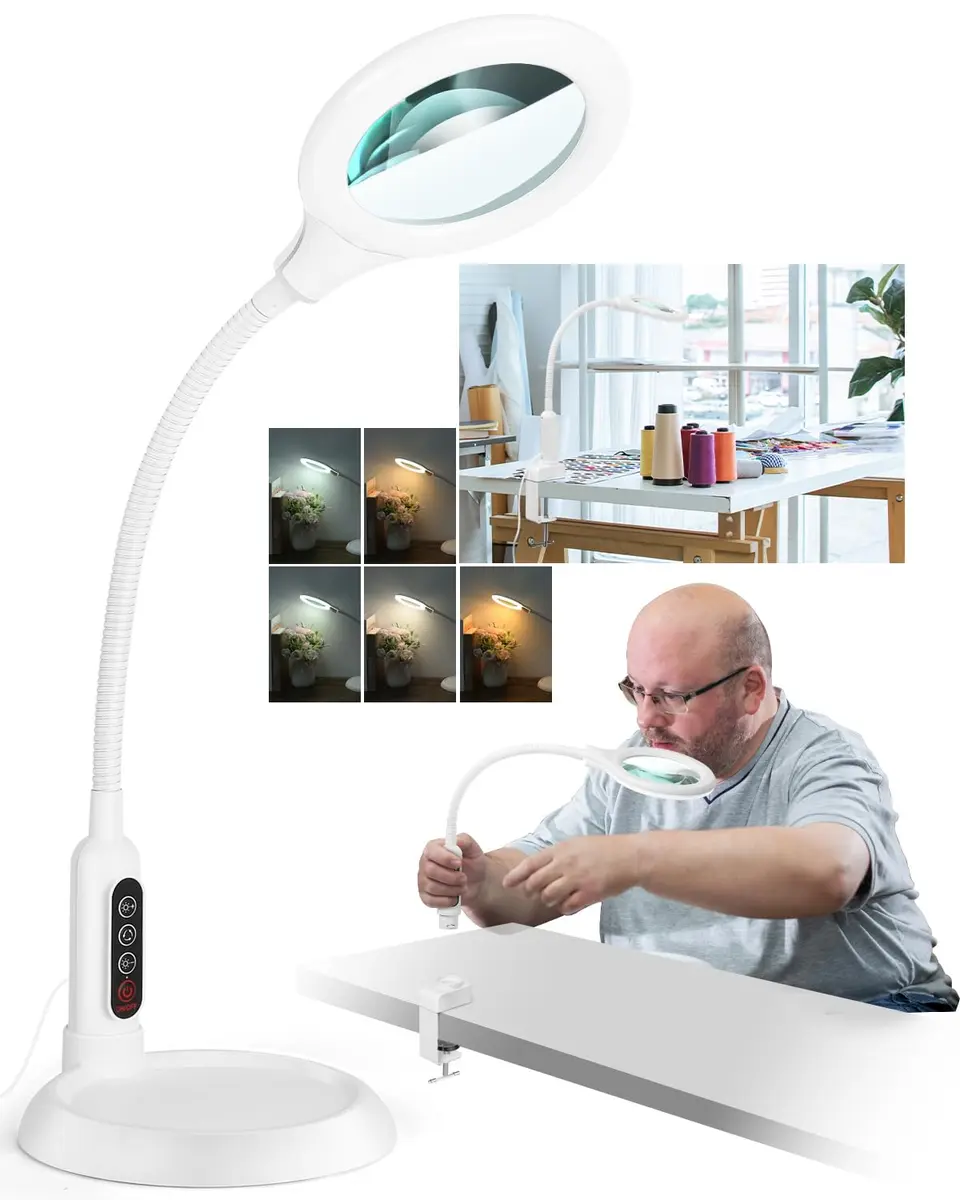 RackydigPro 12X Magnifying Glass with Light and Stand | 5 Color Modes, Brightness Stepless Dimming, Real Glass Lens, White - main product image