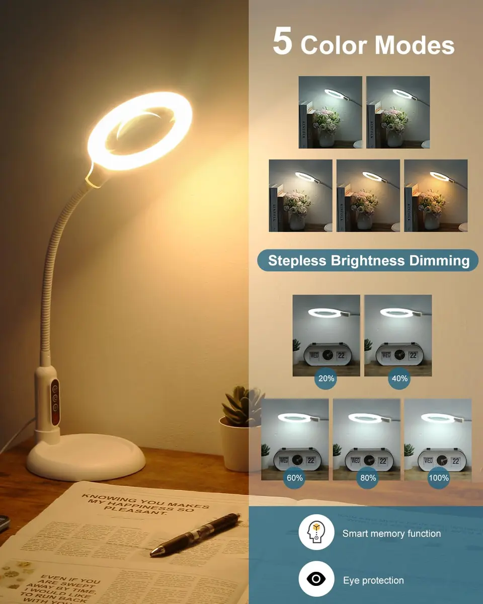 RackydigPro 12X Magnifying Glass with Light and Stand | 5 Color Modes, Brightness Stepless Dimming, Real Glass Lens, White - view 5
