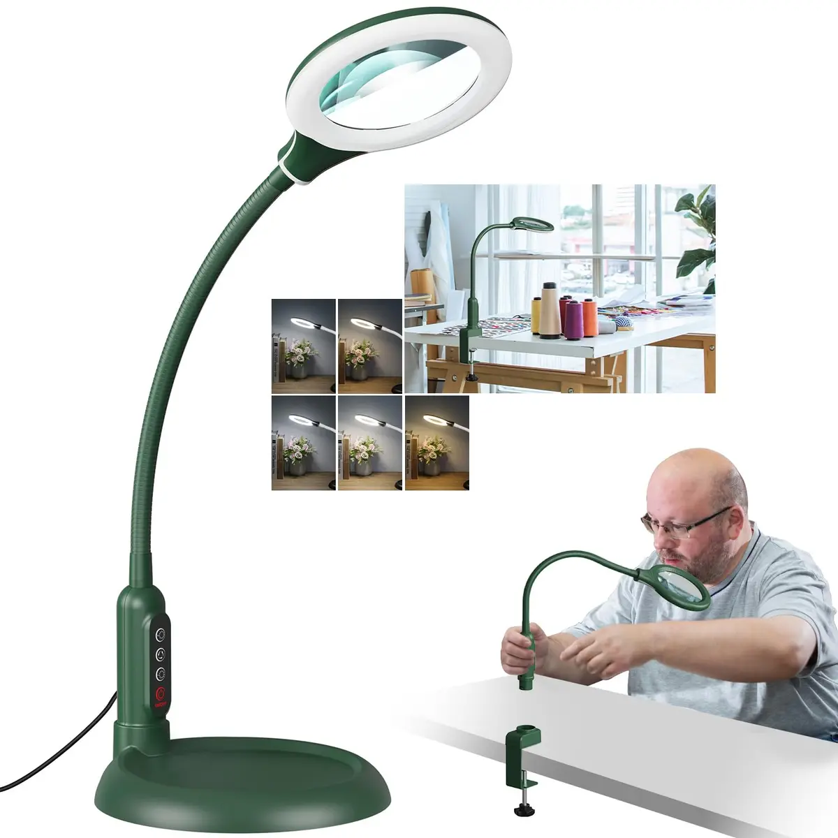 RackydigPro 12X Magnifying Glass with Light and Stand | 3.75-inch Glass, 5 Color Modes, Brightness Stepless Dimming, Hands-Free Desk Lamp, Green - main product image