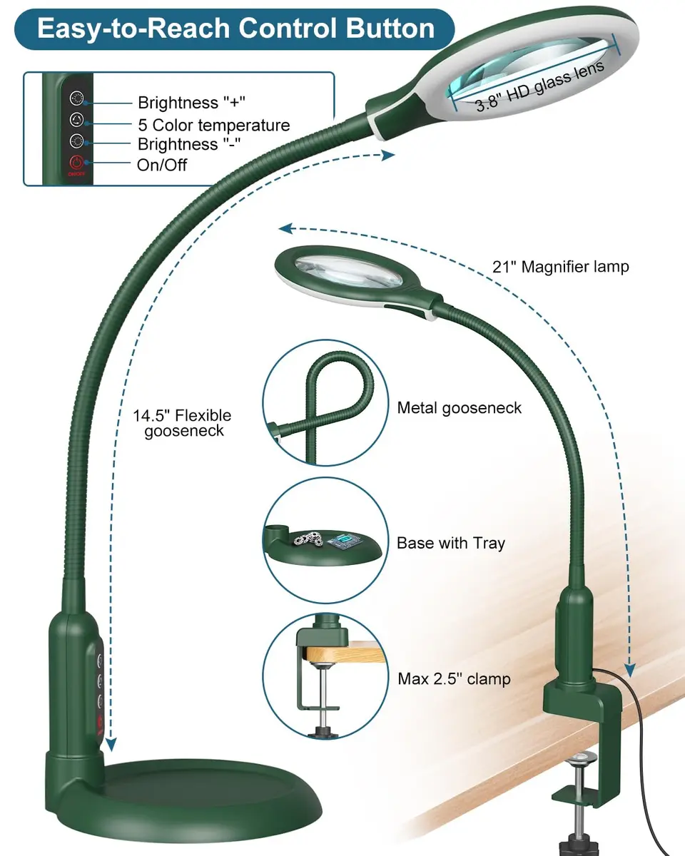 RackydigPro 12X Magnifying Glass with Light and Stand | 3.75-inch Glass, 5 Color Modes, Brightness Stepless Dimming, Hands-Free Desk Lamp, Green - view 2