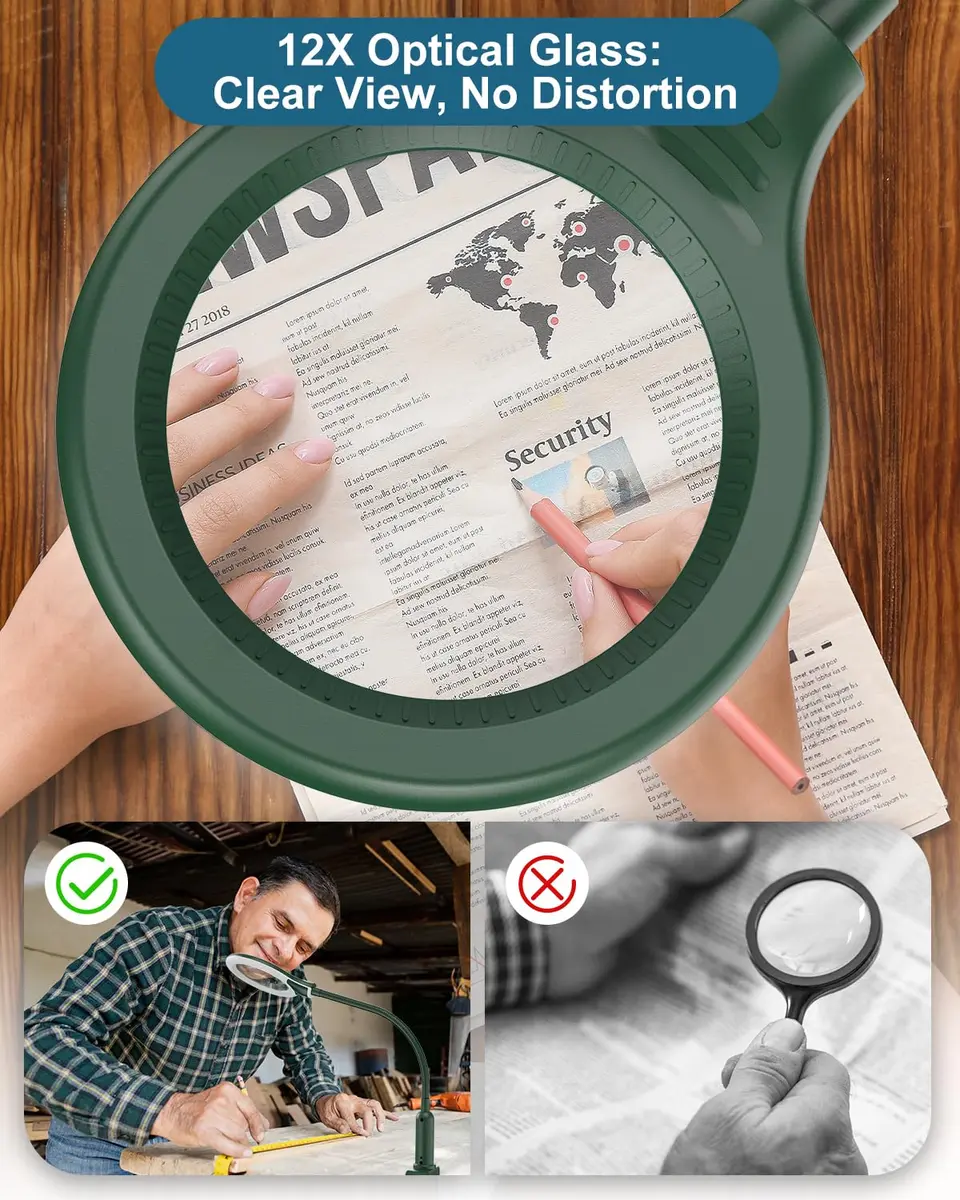RackydigPro 12X Magnifying Glass with Light and Stand | 3.75-inch Glass, 5 Color Modes, Brightness Stepless Dimming, Hands-Free Desk Lamp, Green - view 3
