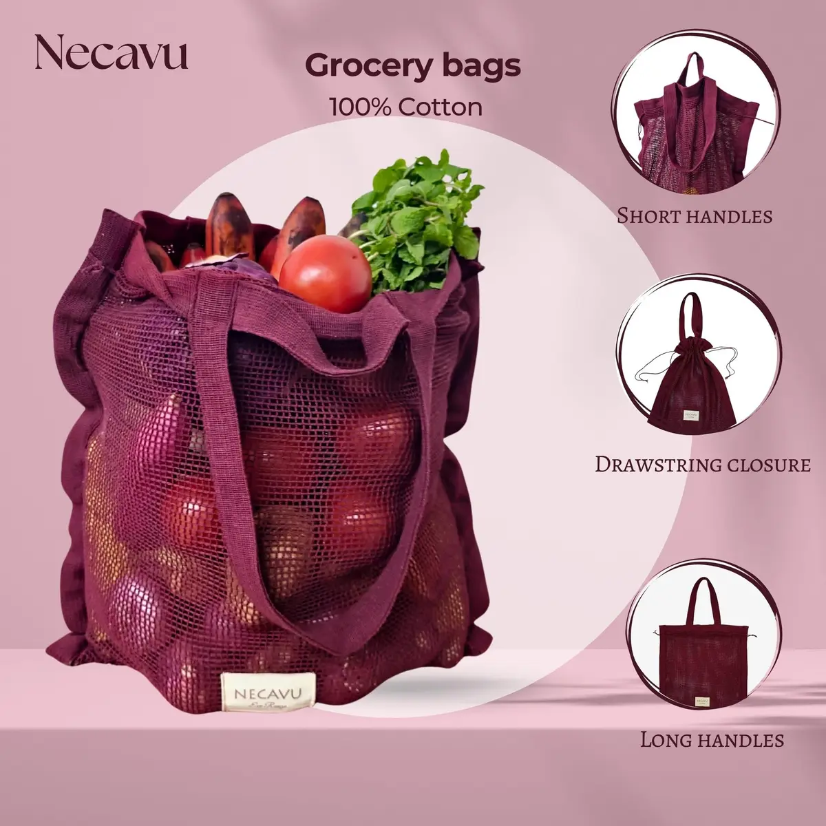 NECAVU 100% Cotton Mesh Shopping Bag 2 Pack 42cm (16.5in) | Eco-Friendly Reusable Market Tote for Vegetables & Groceries - view 3