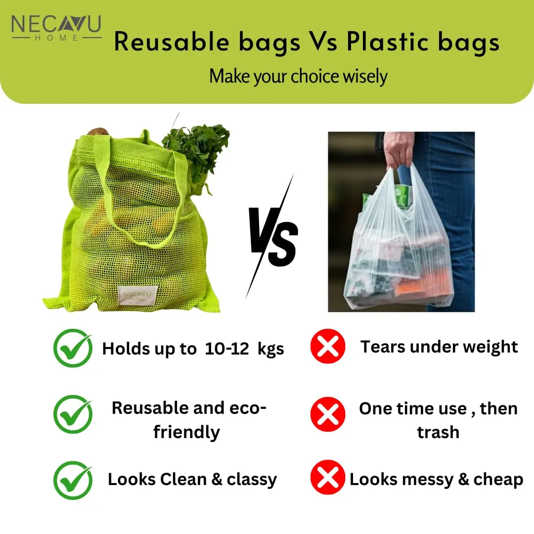 NECAVU 100% Cotton Mesh Grocery Bags Set of 2 (40x42cm) | Eco-Friendly Reusable Shopping Totes - view 5