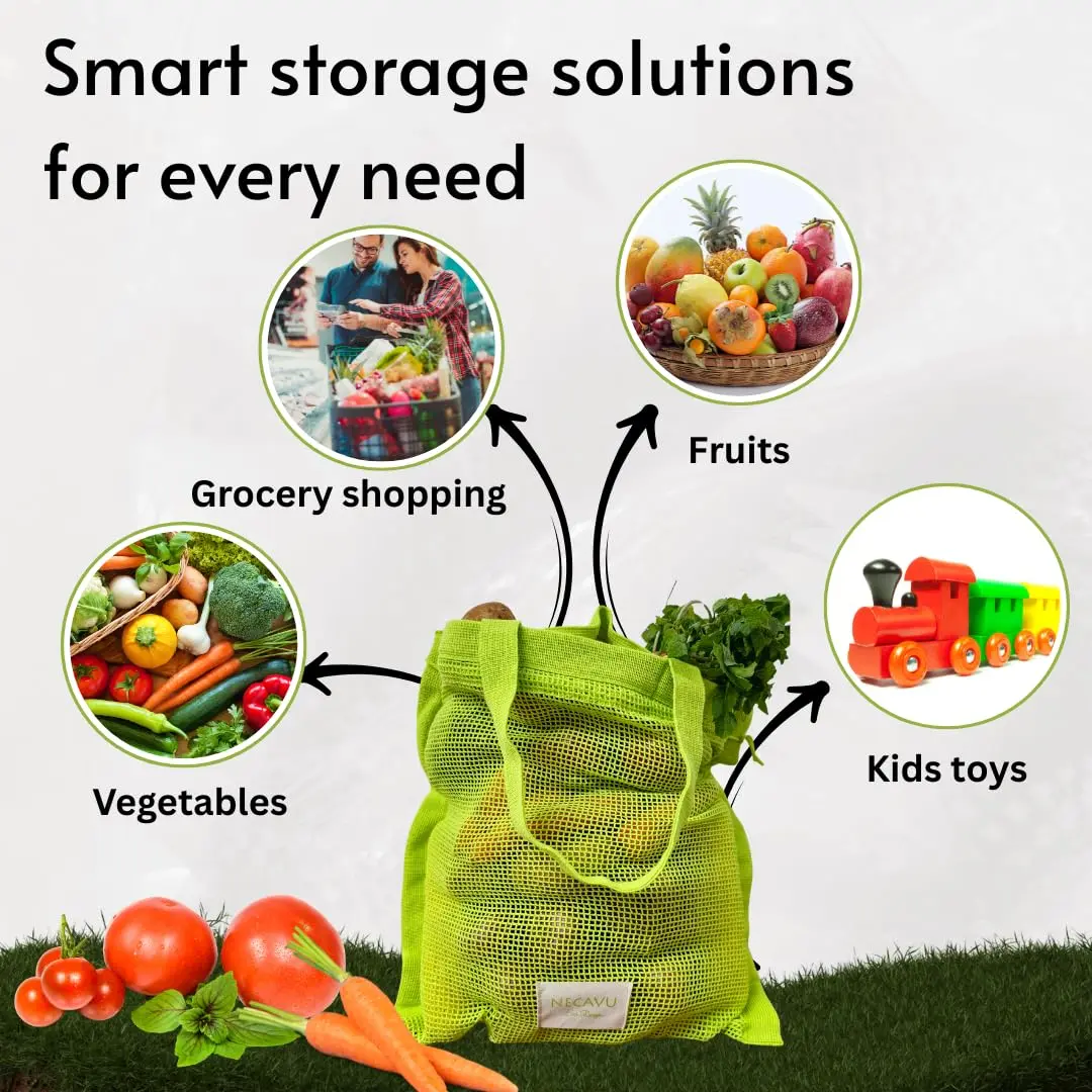NECAVU 100% Cotton Mesh Grocery Bags Set of 2 (40x42cm) | Eco-Friendly Reusable Shopping Totes - view 6
