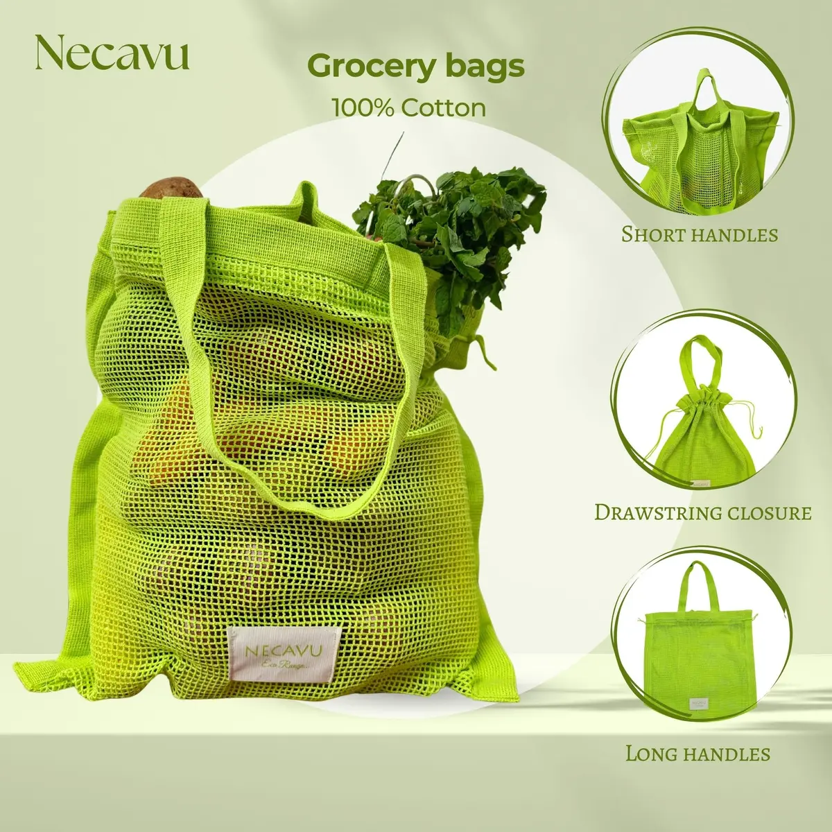 NECAVU 100% Cotton Mesh Grocery Bags Set of 2 (40x42cm) | Eco-Friendly Reusable Shopping Totes - view 3